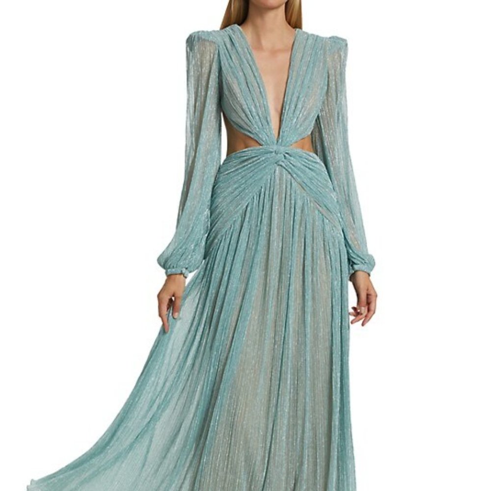 PatBo Sparkly Plunge Cutout Gown in Seafoam